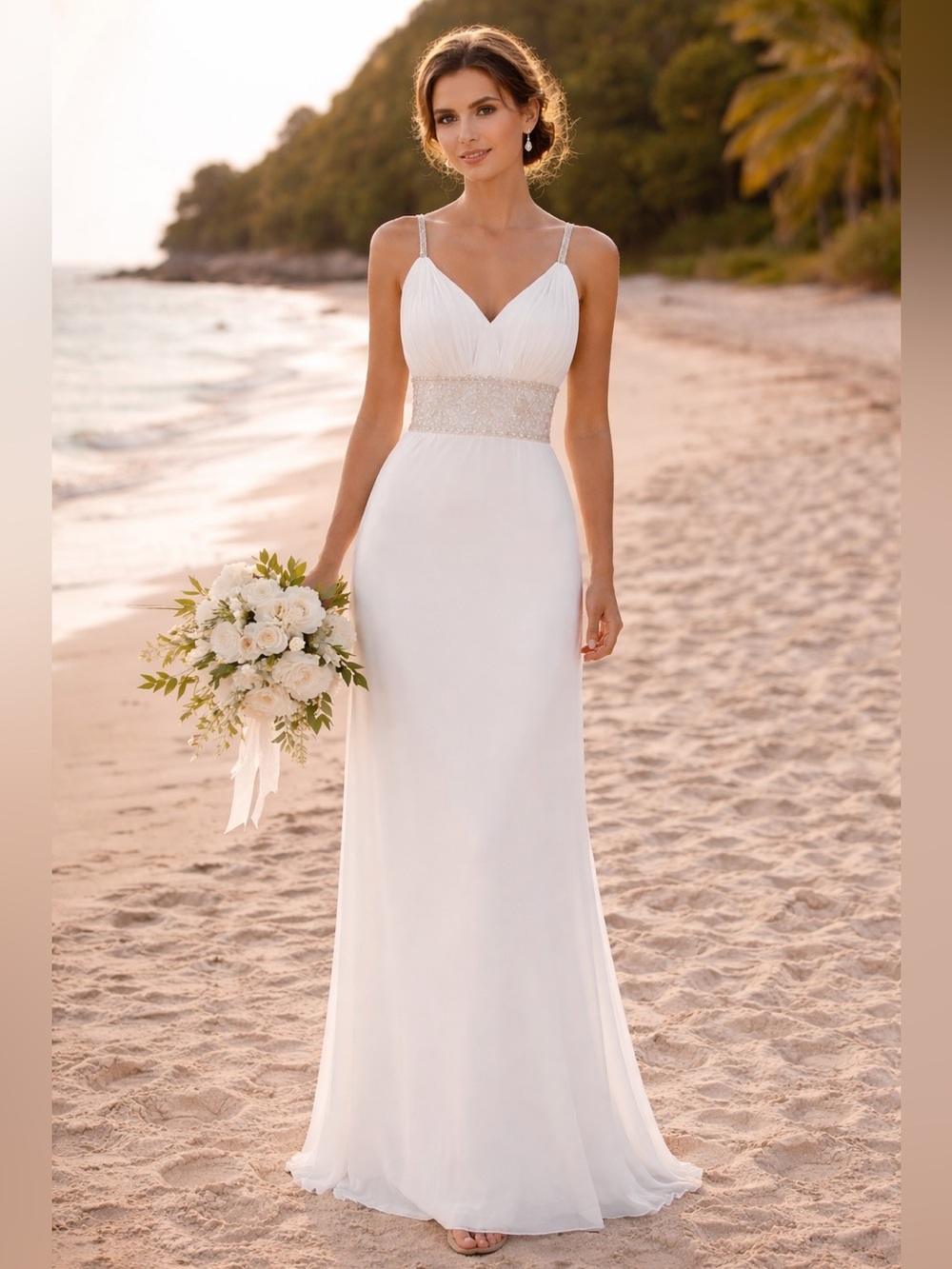 Oleg Cassini Women's Off White Beaded Bodice V-neck Sleeveless Wedding Gown 12